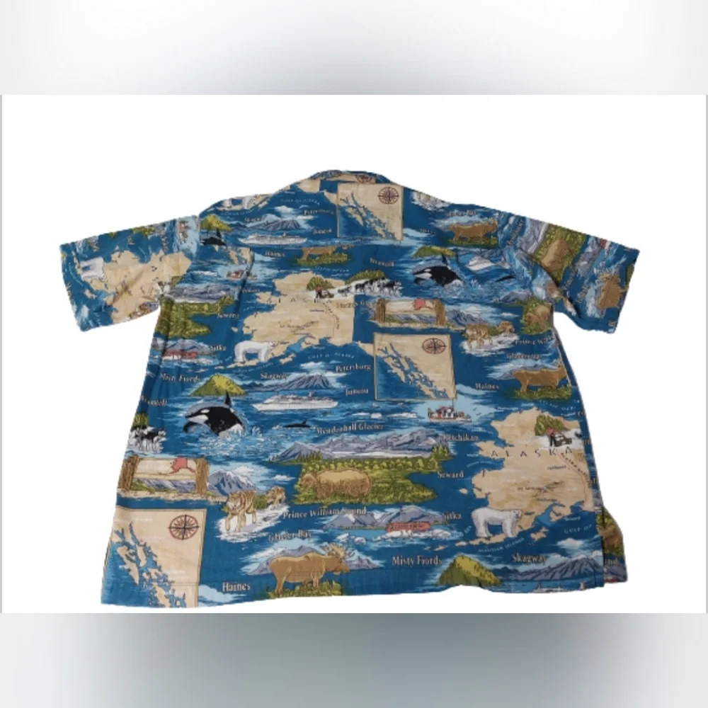 David Carey Originals Alaska Map Hawaiian Shirt‎ Men’s XL Blue Wildlife Print